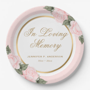 Blush Pink Gold Floral Gedenkfeier Beerdigung Pappteller