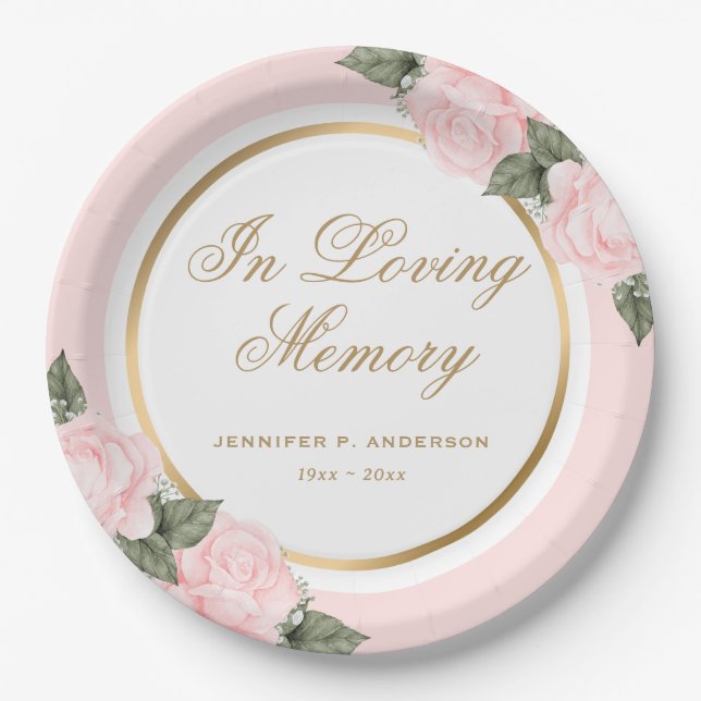 Blush Pink Gold Floral Gedenkfeier Beerdigung Pappteller (Vorderseite)
