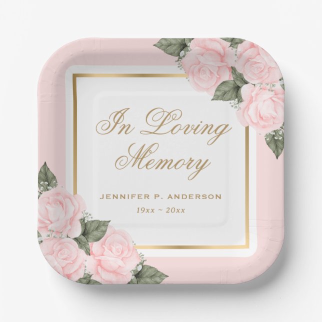 Blush Pink Gold Floral Gedenkfeier Beerdigung Pappteller (Vorderseite)