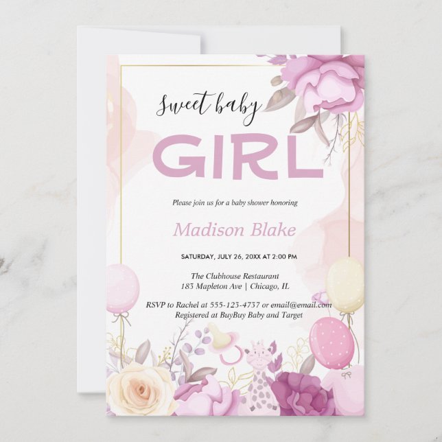Blush pink gold Floral Girl baby shower Einladung (Vorderseite)