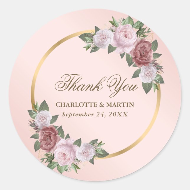 Blush Pink Gold Floral Hochzeit Vielen Dank Runder Aufkleber (Vorderseite)