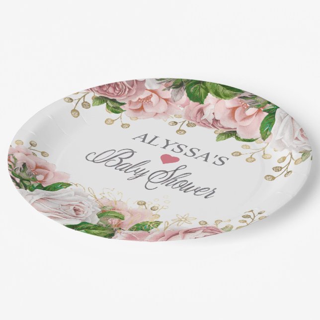 Blush Pink Gold Floral Little Girl Baby Dusche Pappteller (Schrägansicht)