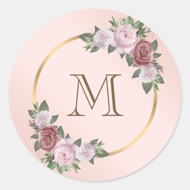 Blush Pink Gold Floral Monogram Initial Classic Runder Aufkleber (Vorderseite)