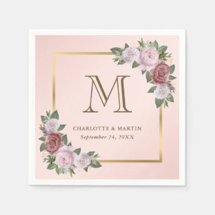 Blush Pink Gold Floral Monogram Wedding Serviette