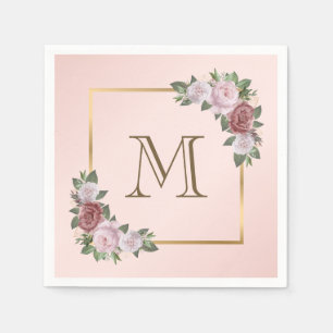 Blush Pink Gold Floral Monogram Wedkins Serviette