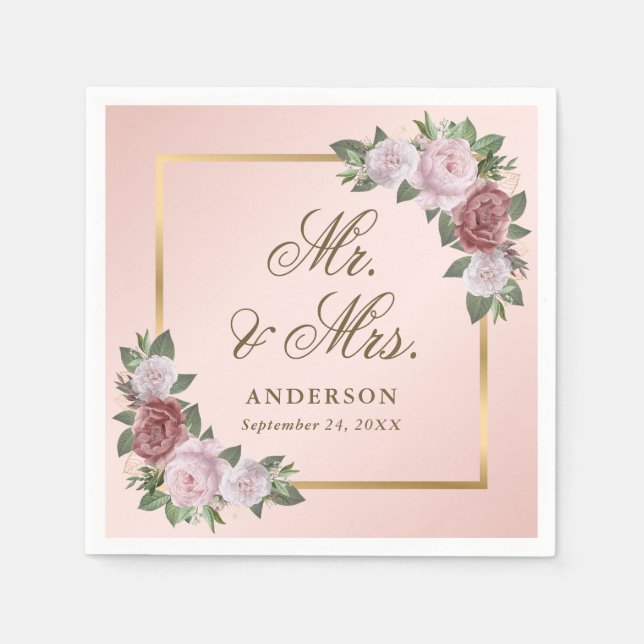 Blush Pink Gold Floral Mr. und Mrs. Wedding Napkin Serviette (Vorderseite)