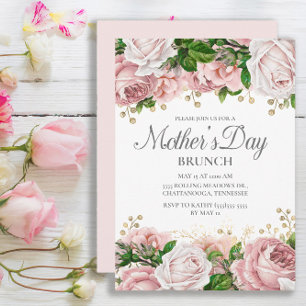 Blush Pink Gold Floral Muttertag Brunch Einladung