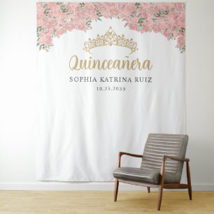 Blush Pink Gold Floral Quinceanera Foto Hintergrun Wandteppich