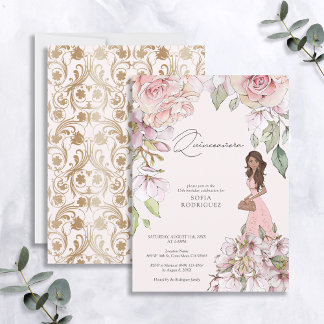 Blush Pink Gold Floral Quinceñera 15. Geburtstag Einladung