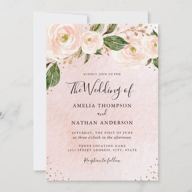 Blush Pink Gold Floral Wedding Einladung (Vorderseite)