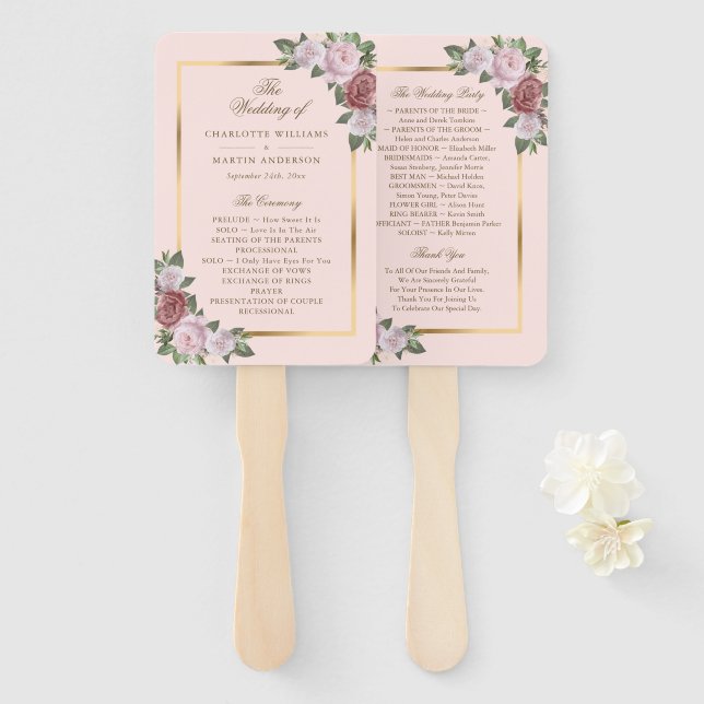 Blush Pink Gold Floral Wedding Program Fans Fächer (Vorne und Hinten)