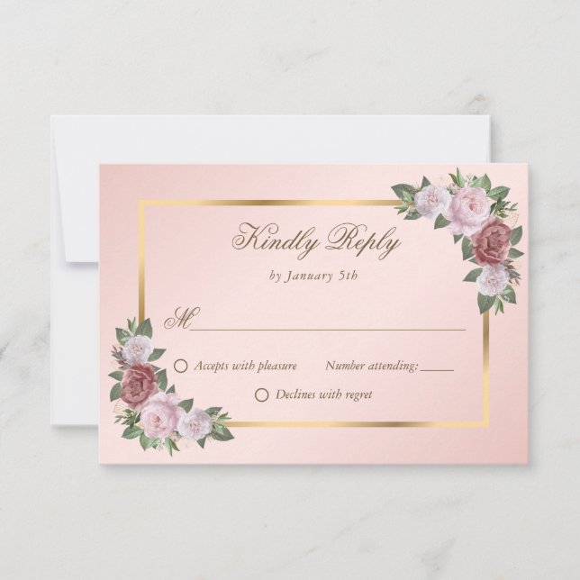 Blush Pink Gold Floral Wedding RSVP Karten (Vorderseite)