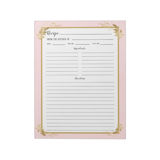 Blush Pink Gold Foliage Rezept Binder Notepad Notizblock (Rotiert)