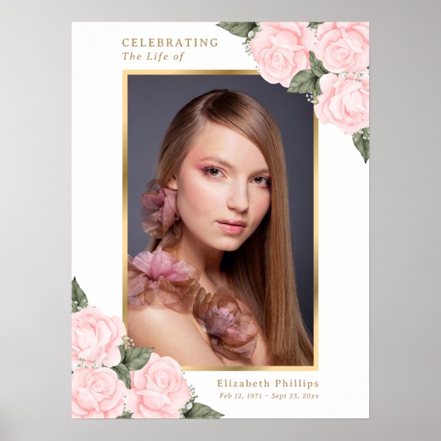 Blush Pink Gold Foto Gedenkstätte Beerdigung Zeich Poster (Vorne)