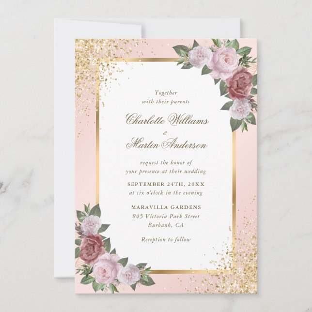 Blush Pink Gold Frame Confetti Bloral Wedding Einladung (Vorderseite)