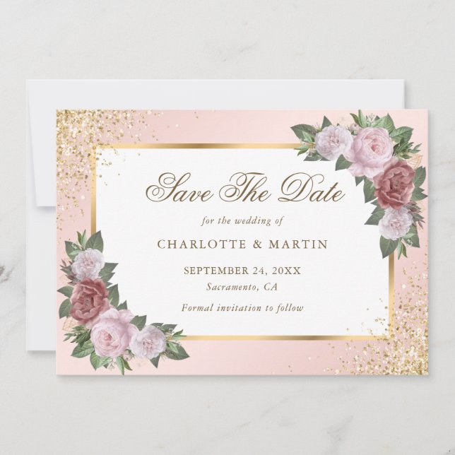Blush Pink Gold Frame Confetti Bloral Wedding Save The Date (Vorderseite)
