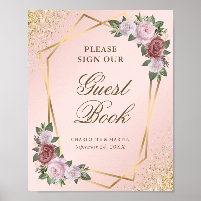 Blush Pink Gold Geometric Wedding Guest Book Sign Poster (Vorne)