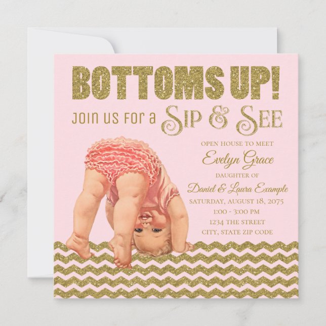 Blush Pink Gold Girls Sip und Einladung (Vorderseite)