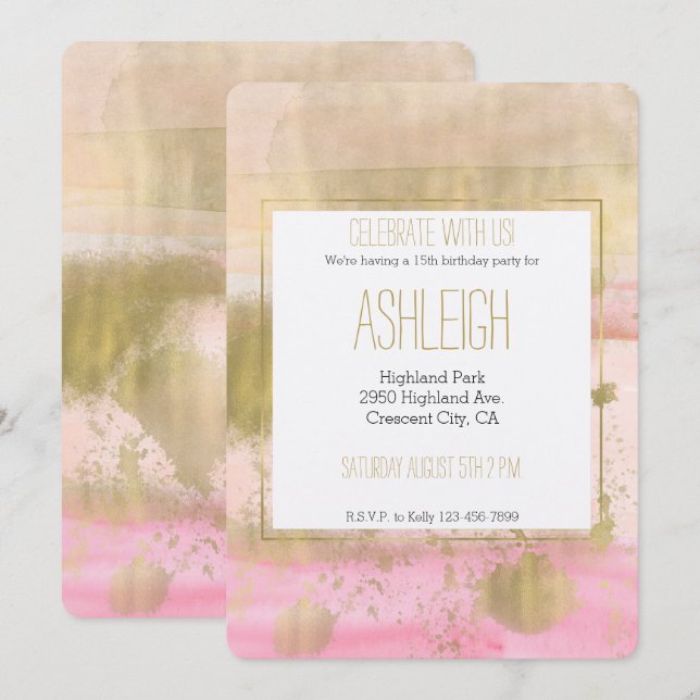 Blush Pink Gold Glam Wasserfarbe Schöner Geburtsta Einladung (Vorne/Hinten)