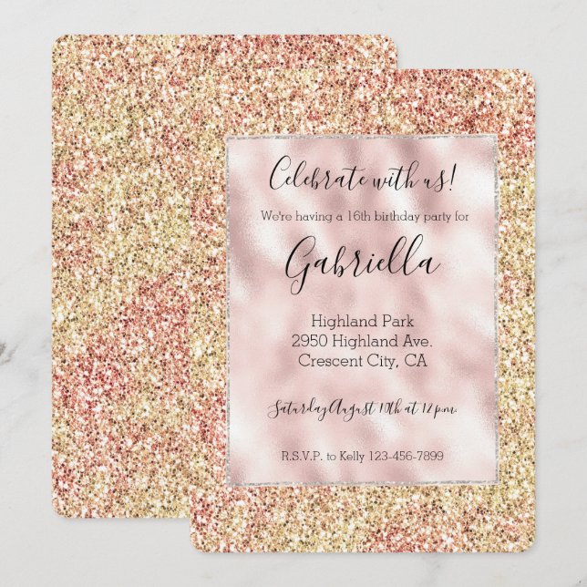 Blush Pink Gold Glitter Ombre Einladung (Vorne/Hinten)