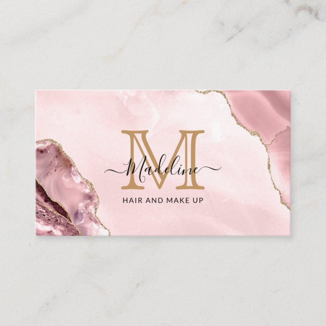 Blush Pink Gold Glitzer Agate Marble Monogram Visitenkarte (Vorderseite)