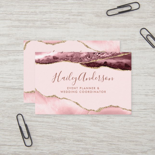 Blush Pink & Gold Glitzer Aquarellfarbe Gilde Agat Visitenkarte (Vorderseite/Rückseite Beispiel)
