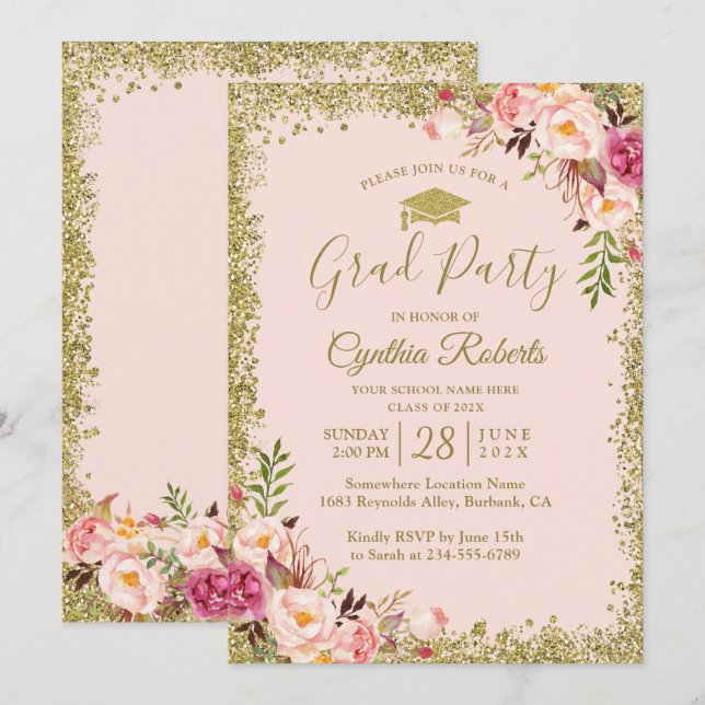 Blush Pink Gold Glitzer Bloral Graduation Party Einladung (Vorne/Hinten)