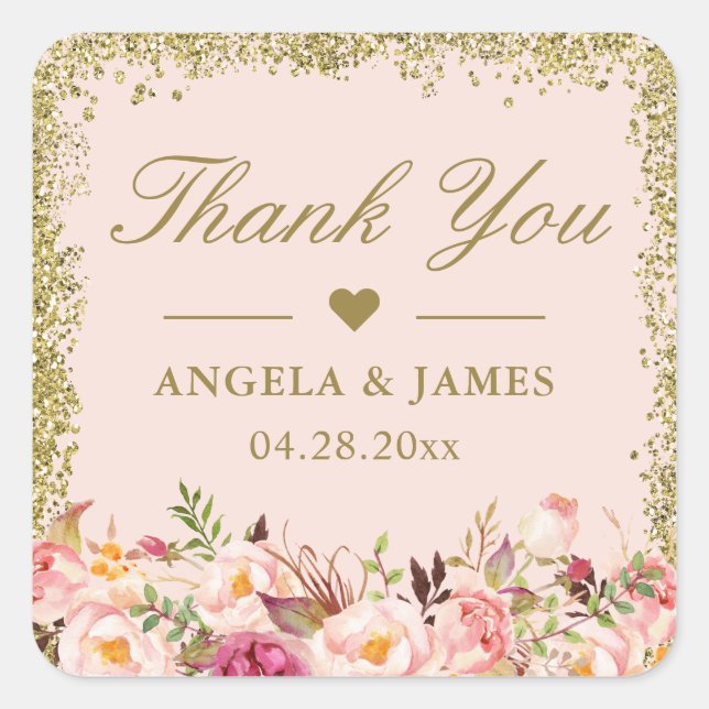 Blush Pink Gold Glitzer Blumenzange Vielen Dank Quadratischer Aufkleber (Vorderseite)