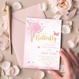 Blush Pink Gold Glitzer Butterfly Girl Babydusche Einladung