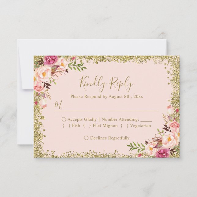 Blush Pink Gold Glitzer Floral UAWG Reply RSVP Karte (Vorderseite)