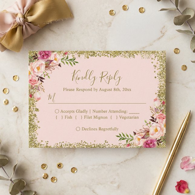 Blush Pink Gold Glitzer Floral UAWG Reply RSVP Karte (Von Creator hochgeladen)