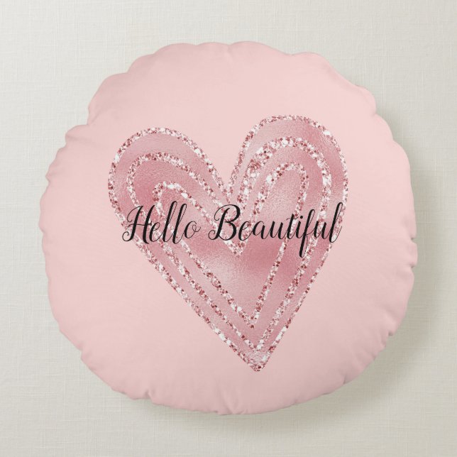 Blush Pink Gold Glitzer Glitzy Herz Rundes Kissen (Vorderseite)