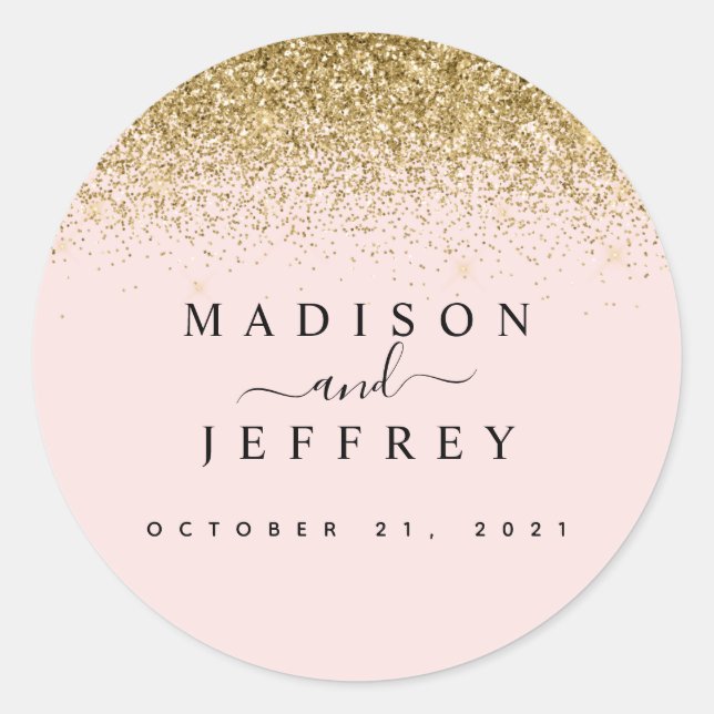 Blush Pink & Gold Glitzer Hochzeit Runder Aufkleber (Vorderseite)
