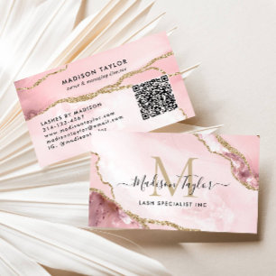 Blush Pink Gold Glitzer Marbour Agate Monogram QR Visitenkarte