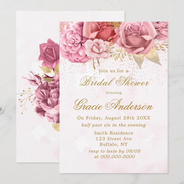 Blush Pink Gold Glitzer Peak Brautparty Einladung (Vorne/Hinten)
