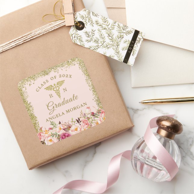 Blush Pink Gold Glitzer Pflegen Abschluss signiere Quadratischer Aufkleber (Schenken)