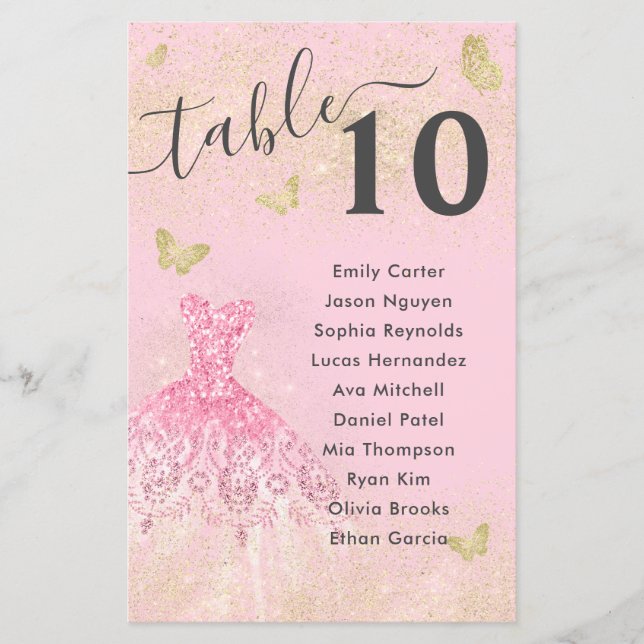 Blush Pink Gold Glitzer Quinceanera Sitzmenü (Vorderseite)
