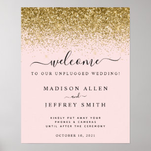 Blush Pink Gold Glitzer Unplugged Wedding Welcome Poster