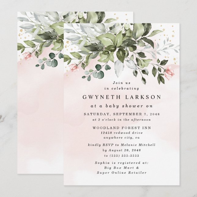 Blush Pink Gold Greenery Dusty Blue Baby Dusche Einladung (Vorne/Hinten)