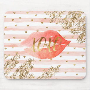 Blush Pink Gold Hearts XOXO Glitzer Lips Mousepad