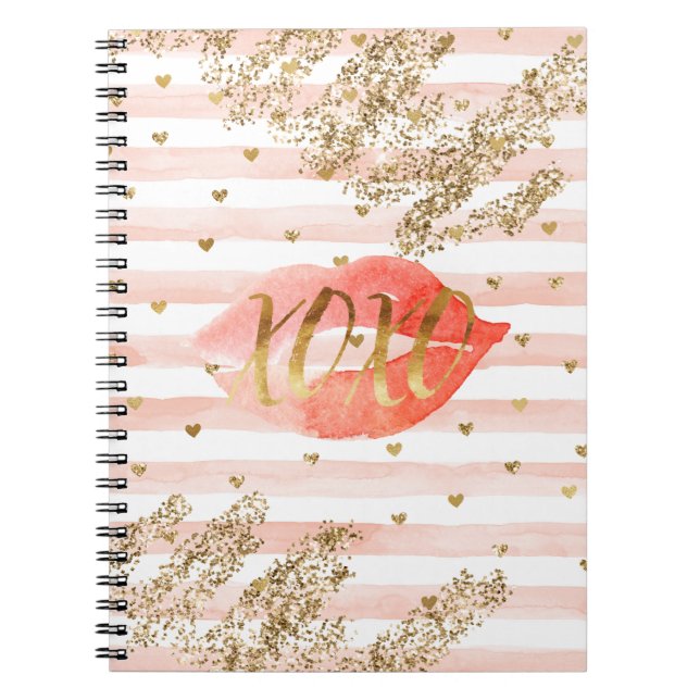 Blush Pink Gold Hearts XOXO Glitzer Lips Notizblock (Vorderseite)