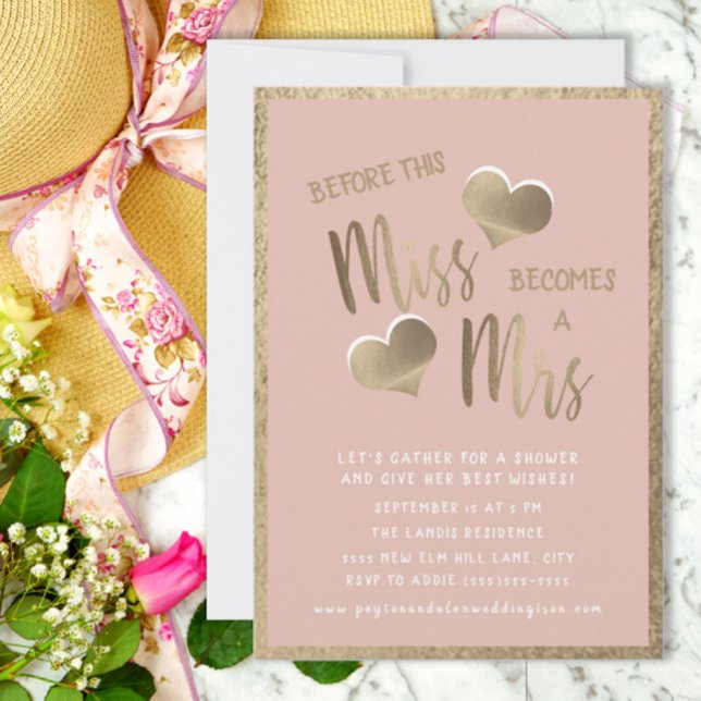 Blush Pink Gold Herz Miss Brautparty Einladung (Cute pink and gold Miss to Mrs. bridal shower invitation)