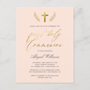 Blush Pink & Gold Kalligraphie Erste heilige Kommu Einladungspostkarte