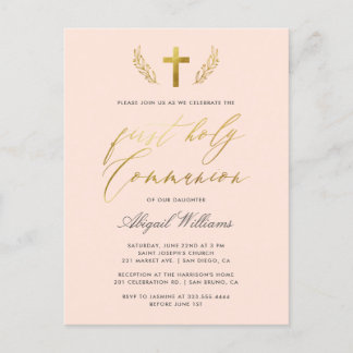 Blush Pink & Gold Kalligraphie Erste heilige Kommu Einladungspostkarte