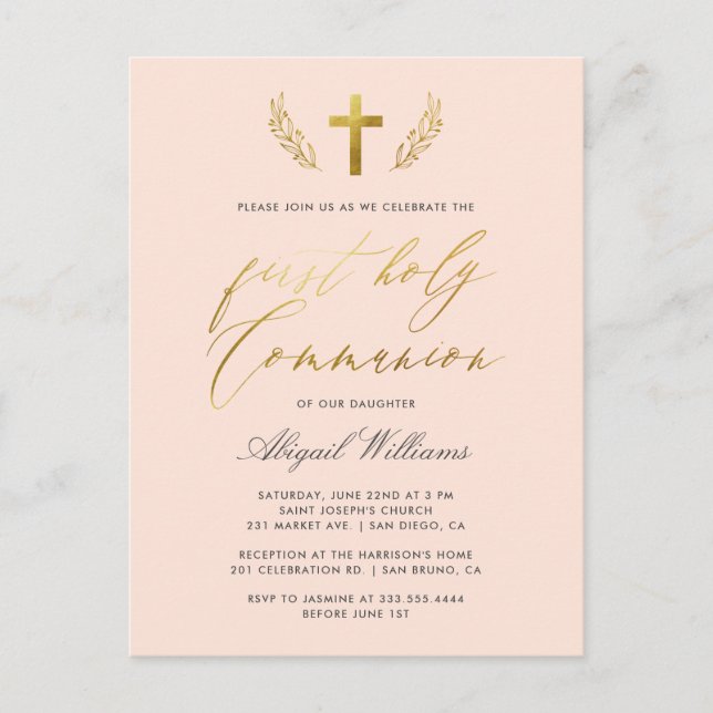 Blush Pink & Gold Kalligraphie Erste heilige Kommu Einladungspostkarte (Vorderseite)