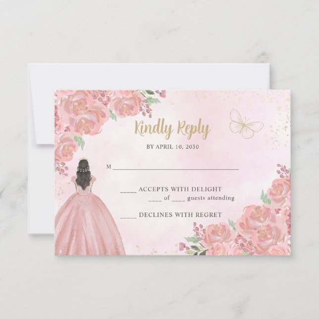 Blush Pink Gold Kupfer Blumenprinzessin Quinceañer RSVP Karte (Vorderseite)