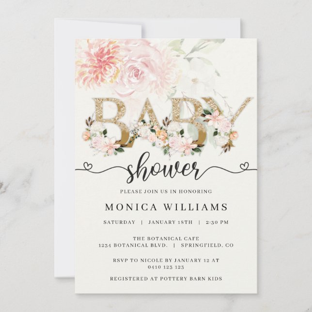 Blush Pink & Gold Lace Girl Baby Shower Einladung (Vorderseite)