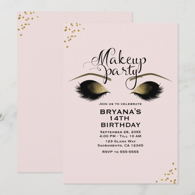Blush Pink Gold Makeup Eyelashes Party Event Einladung (Vorne/Hinten)