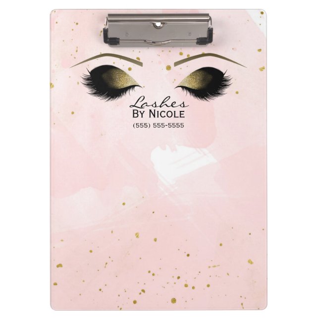 Blush Pink & Gold Makeuyes Lashes Personalisiert Klemmbrett (Vorderseite)