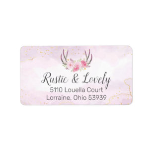 Blush Pink Gold Marble Rustic Floral Antlers Chic Adressaufkleber
